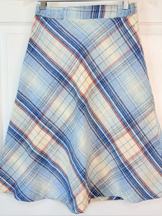 Vintage Dresses & Skirts - Vintage 70s Plaid Wool Blend A-Line Skirt Gold Metallic Thread size 10